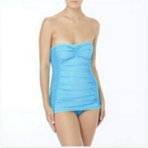 CARMEN Marc Valvo Smocked Bandeau Swimdres Waterfall Solid - Picture 2 of 11